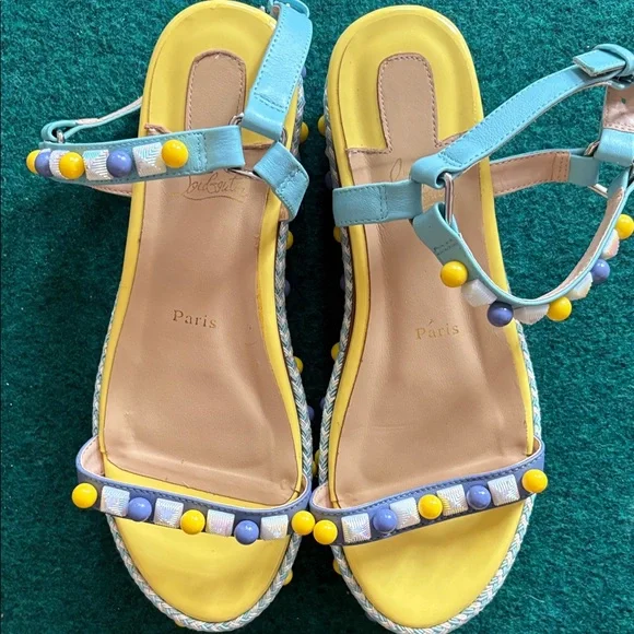 EUC- adorable Christian Louboutin Yellow/Blue Sandals, 38 Sandals